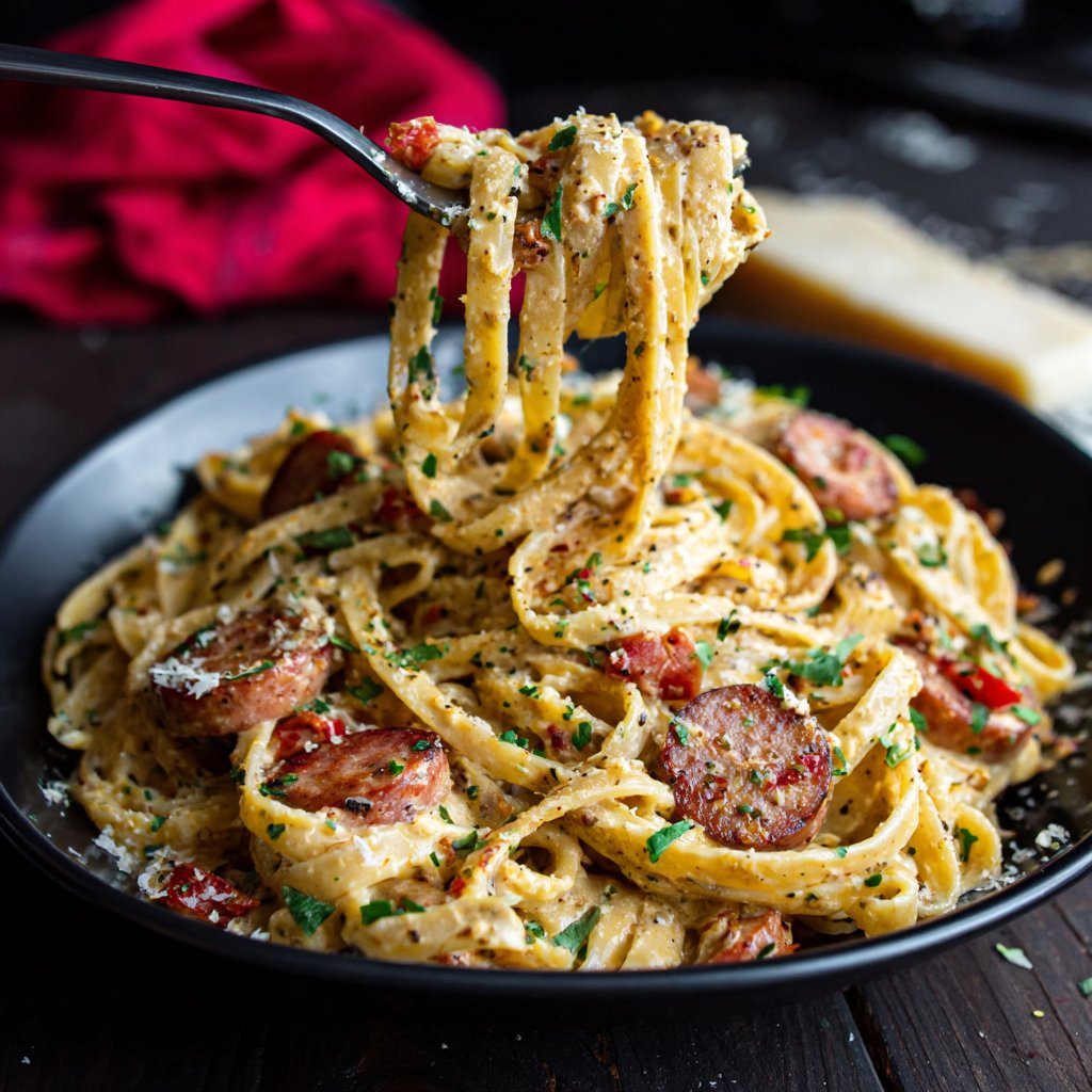 One Pot Creamy Garlic Cajun Sausage Pasta