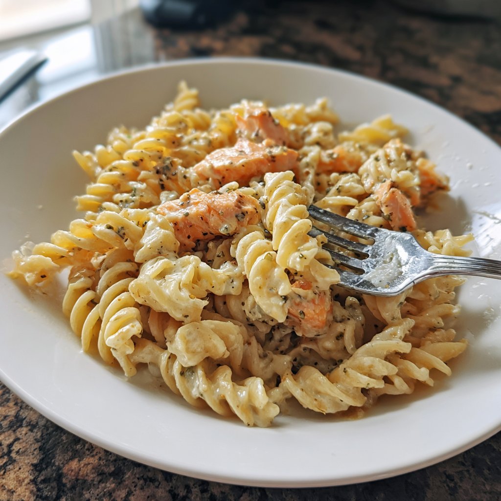 Creamy Garlic Salmon Fusilli